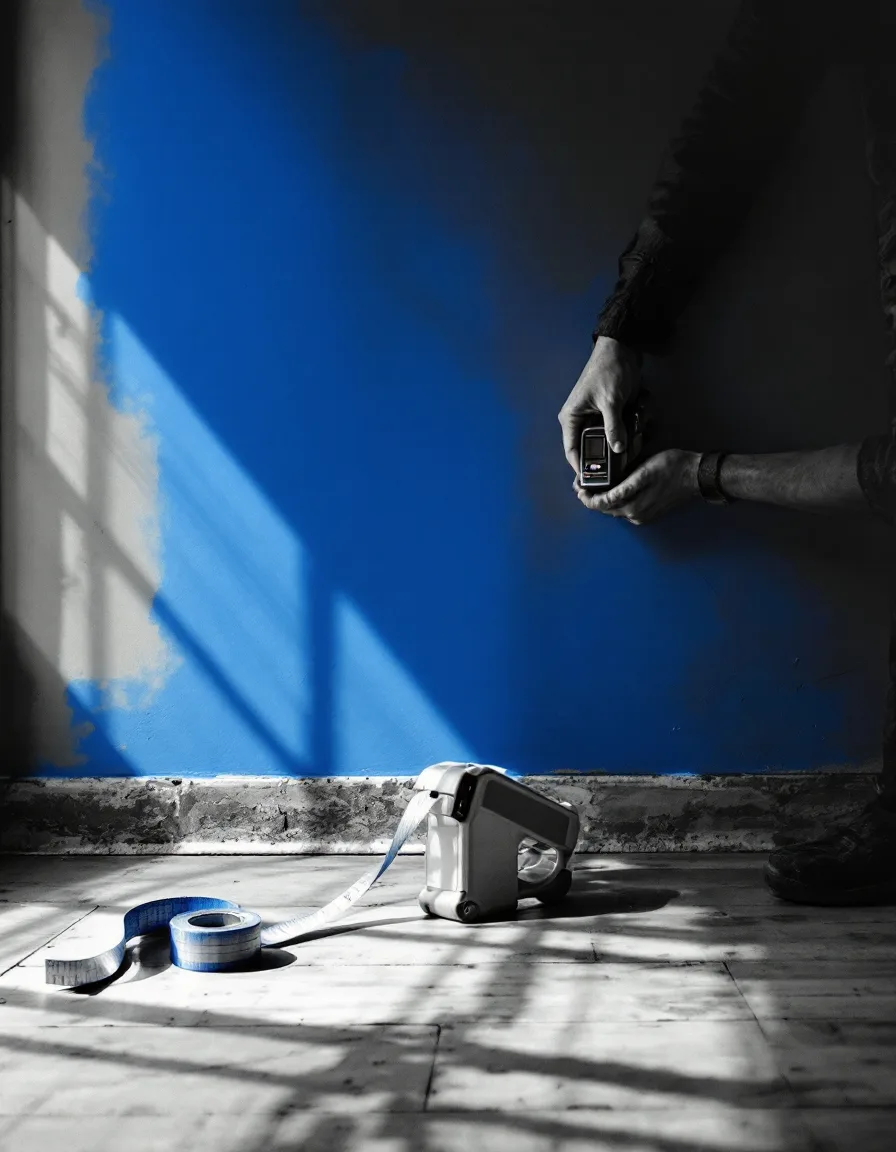 Black-and-white photograph of hands taking a laser measurement along a wall